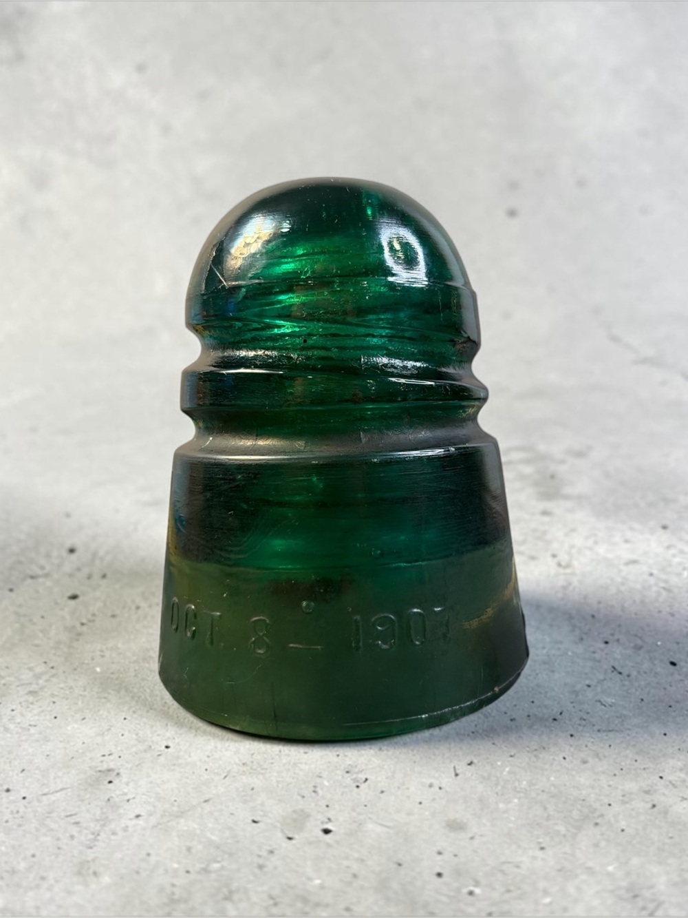 VINTAGE GREEN GLASS ELECTRICAL INSULATOR 4½” PATENTED OCTOBER 8, 1907